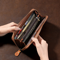Dompet Panjang Kulit Crazy Horse Pria, Clutch Genggam dengan Slot Kartu, Dompet Kulit Sapi Asli Vintage dengan Ritsleting Tunggal 18.8*9.5*2.5cm 0.17kg