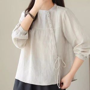 Sky Blue Cotton Linen Shirt Women Long Sleeve Loose Fit Tie Front Blouse Autumn Everyday Wear - Product Image 3