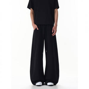 Black <b>Wide</b> <b>Leg</b> <b>Men</b> Pants Loose Fit Casual <b>Trousers</b> Drawstring Hem Pocket Streetwear Bottoms - Product Image 2