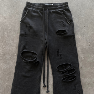 Pantalon de survêtement évasé noir déchiré pour homme, taille élastique avec cordon de serrage, style streetwear délavé, en coton French Terry - Product Image 2