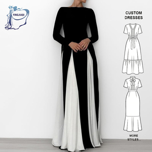 Op maat gemaakte zwart-witte patchwork lange jurken damesmode O-hals lange mouwen slanke bescheiden jurk dames elegant - Product Image 1