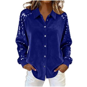 Blus Wanita Musim Dingin 2026 Kerah V Berpayet Patchwork Lengan Panjang Beludru Elastis Model Longgar Streetwear - Product Image 4