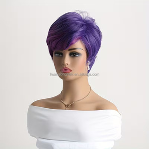 Nouvelle <span class=keywords><strong>perruque</strong></span> courte bouclée pour femme, dégradé violet avec frange, coiffure facile à poser, naturelle et multifonctionnelle - Product Image 3