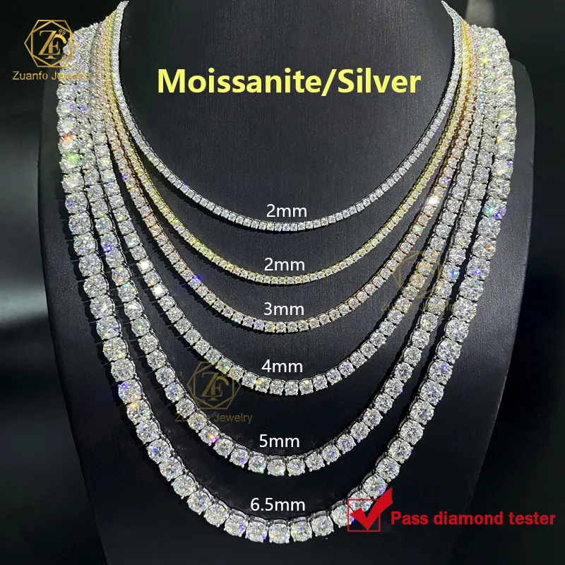 Kalung rantai tenis pria berlian Moissanite, Kalung rantai tenis pria berlian Moissanite 2MM 3MM 4MM 5MM 925 MM bahan perak murni 6.5