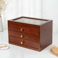Boîte à bijoux en bois avec couvercle en verre pour cadeaux de Noël, organiseur de bijoux à 3 niveaux avec 3 tiroirs pour colliers, bagues, montres