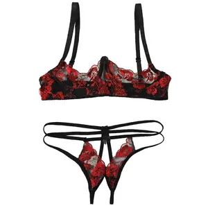 Womens Sexy Lingerie Set Borduurwerk Kant Blote Borsten Beugel Push Up Bh Top Met Thongs