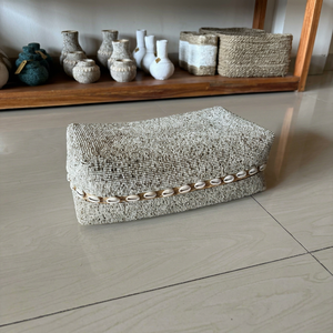 Indonesian's Best Seller Bohemian Rattan Beaded Box Rectangle Storage <b>Bin</b> With Shell Trim Plant Fiber Craft Decorative Organizer - Product Image 1