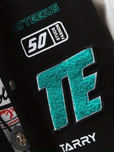 Dropshipping Chaqueta Varsity para hombre-Estilo Letterman blanco y negro, abrigo de béisbol informal con logotipos, mangas con hombros caídos - Product Image 5