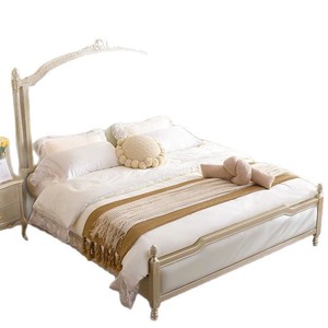 French Style High <b>End</b> Light Luxury Master Bedroom Double <b>Bed</b> Rubber Wood Engraved Design White Gold Color - Product Image 4