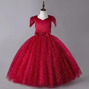 Outong Yoliyolei Gaun Anak Perempuan, Gaun Jala Merah Putri Pengantin Tulle Pita Musim Dingin 2022 untuk Pakaian Anak-anak/