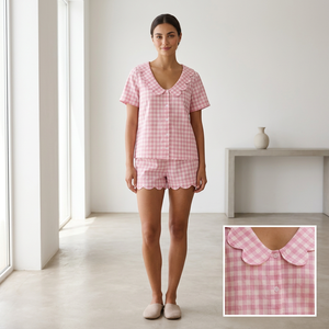 Set Pigiama in Cotone 100% a Quadretti per Donna, Colletto Smerlato, Morbido e Traspirante, 2 Pezzi con Pantaloncini - Product Image 2
