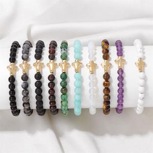 Vente flash : Bracelet en perles <span class=keywords><strong>de</strong></span> pierre naturelle <span class=keywords><strong>de</strong></span> 6 mm avec pendentif croix dorée, bracelet en perles d'améthyste et d'œil <span class=keywords><strong>de</strong></span> tigre, bracelet élastique unisexe - Product Image 2