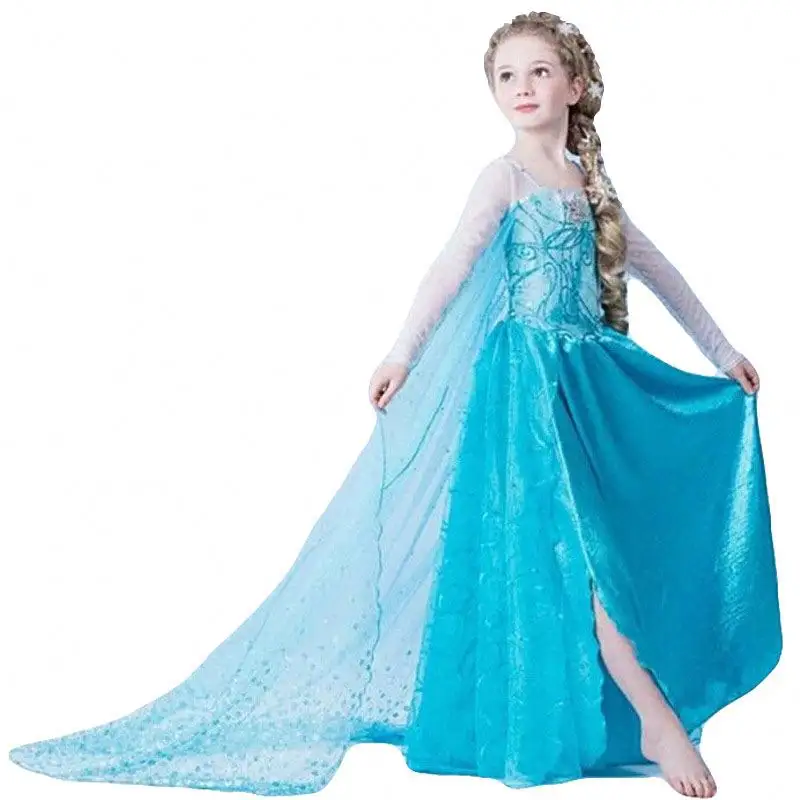 Vestido largo de gasa para niña, traje de princesa azul hasta el suelo, disfraz de princesa de fantasía