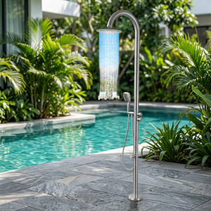 Colonne de douche extérieure moderne en acier inoxydable brossé avec panneaux de douche, robinet à cartouche céramique et pommeau de douche pour piscine - Product Image 4