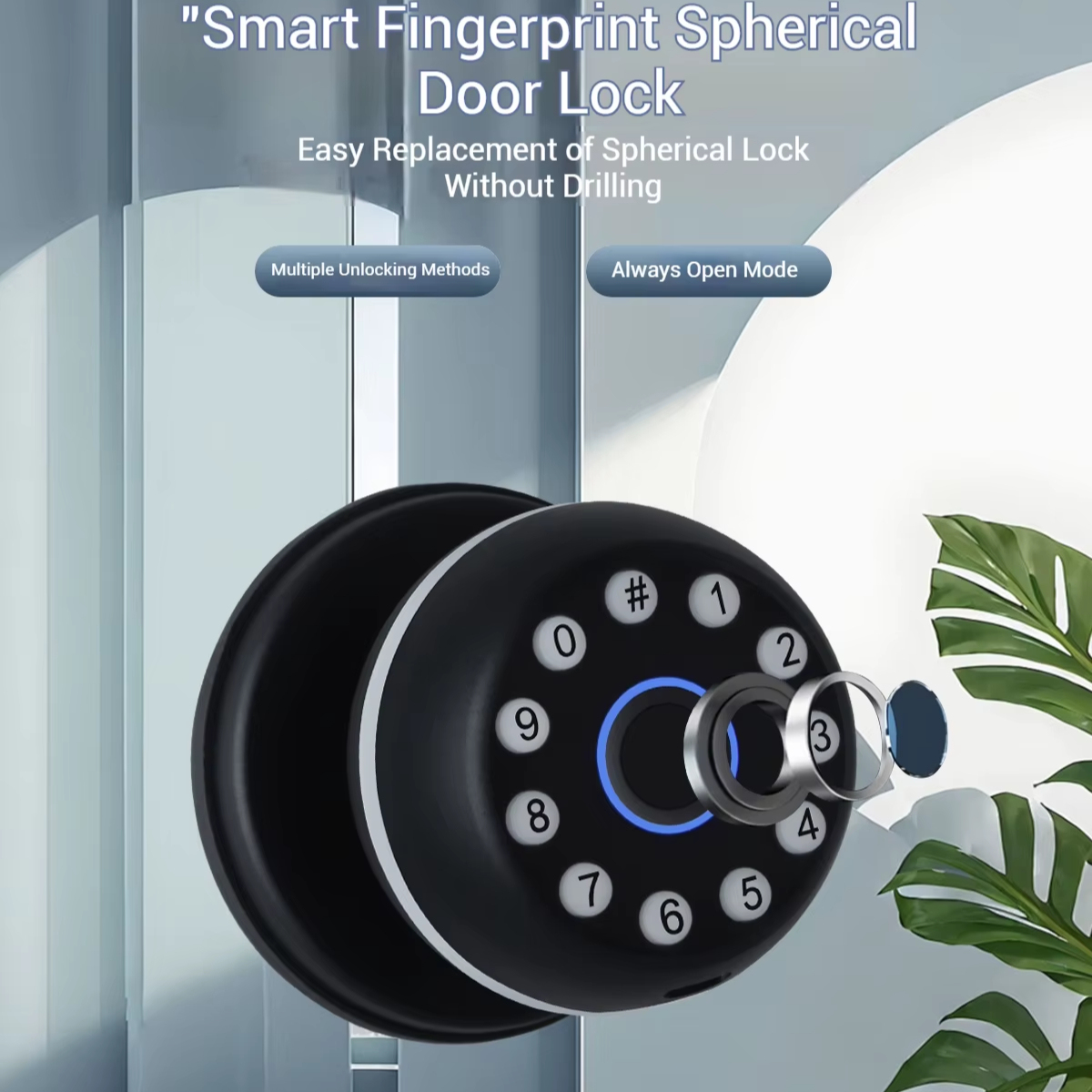 Tuya Smart Fingerprint Door Lock Zinc Alloy Ball Knob Keypad Password Anti-Peep Keyless Entry for Home Interior