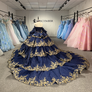 20316 Luxury Navy Blue <b>Ruffle</b> Golden Lace Quinceanera Ball Gowns <b>Dress</b> With Sleeve - Product Image 3