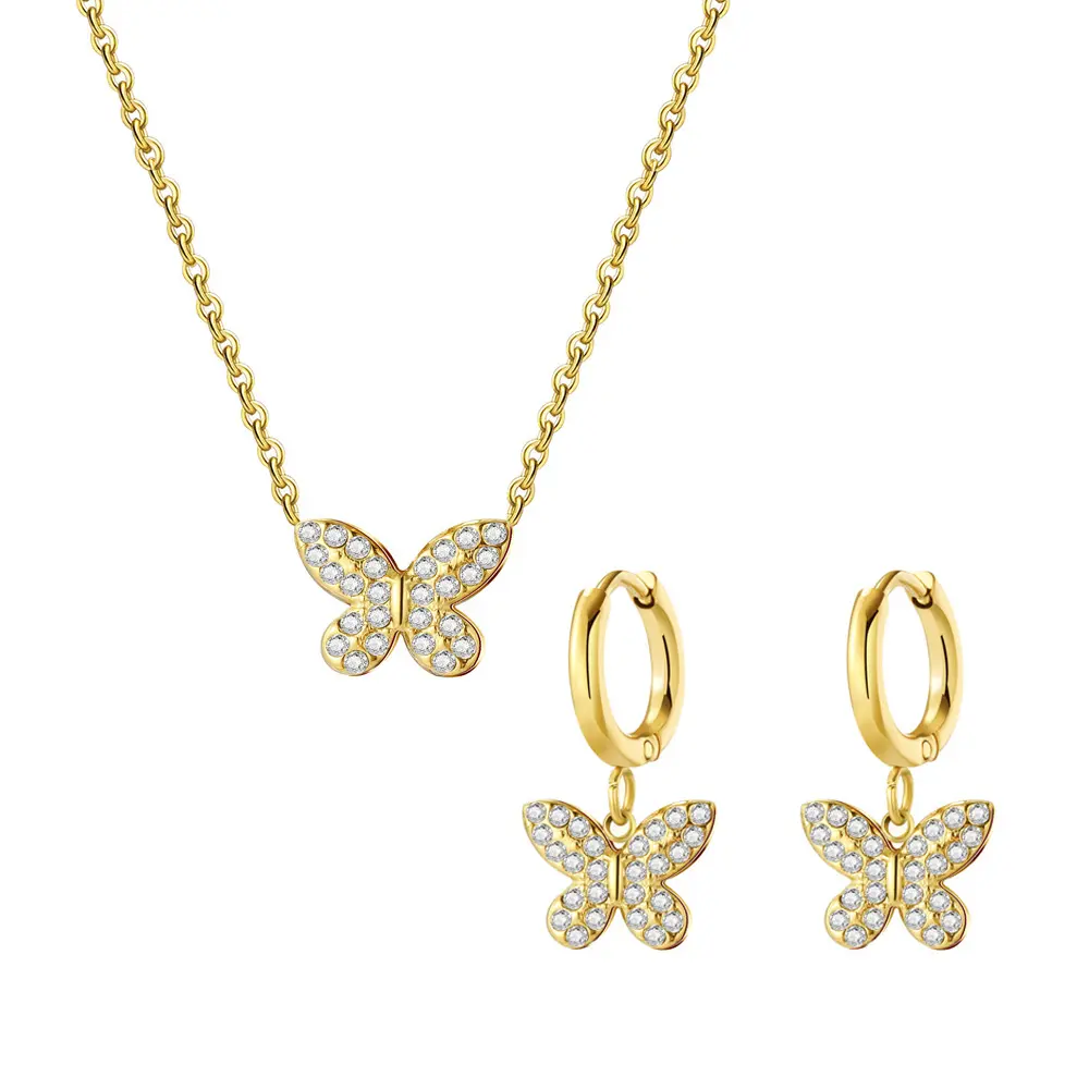 Wholesale Luxury Zircon Paved Butterfly Stainless Steel Gold Plated 3 pcs Jewelry Sets for Women