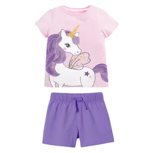 Kızlar unicorn baskılı pijama şort giyim seti mor unicorn kızlar kısa kollu pijama seti