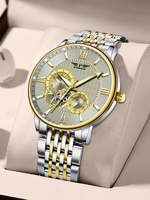 Montre mécanique automatique semi-squelette de luxe pour hommes PINDU, bracelet en acier inoxydable bicolore, index romains