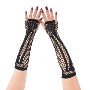 Mujeres Cosplay Punk Goth Flat-Fingered Hole-Cut Cross Net Mesh Fingerless Stretch Mittens para Halloween Costume Party Guantes - Product Image 4