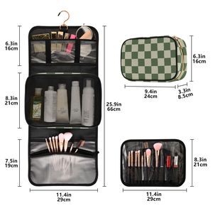 3 Set Green Checkered Polyester Foldable Zipper <b>Toiletry</b> Cosmetic <b>Bag</b> Makeup Brush Storage Organizer <b>Toiletry</b> <b>Bag</b> with Pouch - Product Image 6