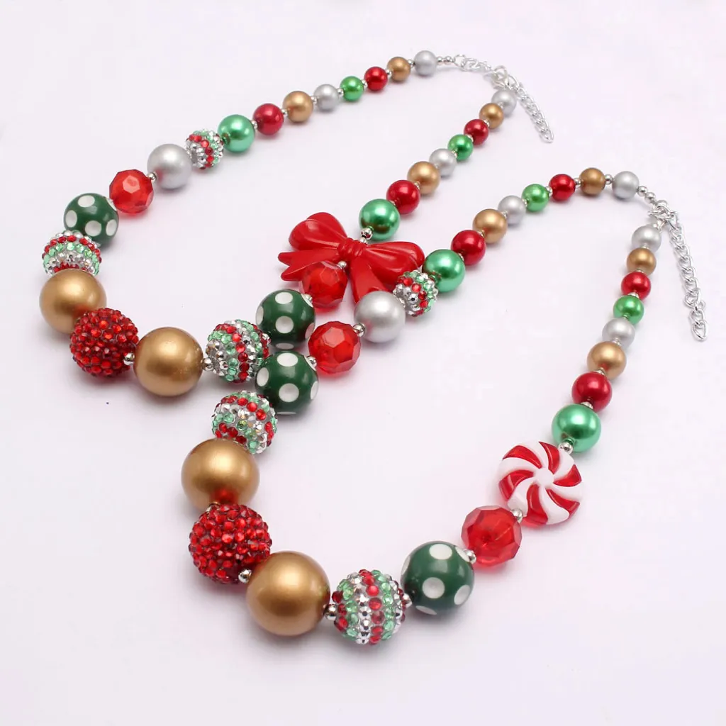 Baby Girls Chunky Bowknot Beaded Necklace Charm Handmade Bubblegum Christmas Necklace for Kids Festival Gifts