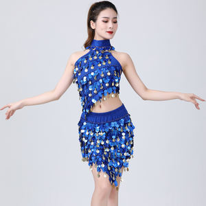 Femmes 3 Pcs Set Fringe Round Disc Sequins Costume Latin Dance Outfits Sleeveless Lace-up Tank Top Mini Skirt with Shiny Choker - Product Image 1