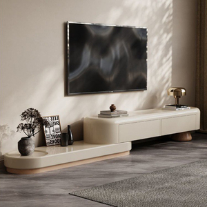Meuble <span class=keywords><strong>TV</strong></span> <span class=keywords><strong>incurvé</strong></span> moderne, couleur crème, grand rangement, mobilier de salon, élégant et durable - Product Image 1