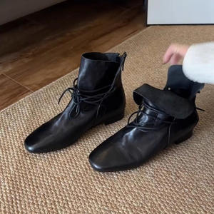 Botines Chelsea de Piel Vacuna con Cordones Estilo Retro Británico, Punta Redonda, Ajuste Delgado, Tacón Grueso, Versátiles para Uso Diario, para Mujer - Product Image 2