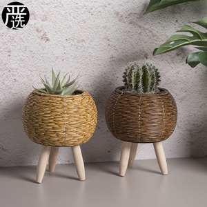 Imitation Rattan Woven <b>Flower</b> Pot With Wooden Legs Desktop Plant Container <b>For</b> Indoor Use - Product Image 5