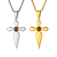 Collier pendentif pour homme plaqué or 18 carats, forme dague croisée, incrustation dentaire, pierre œil de tigre, best-seller transfrontalier