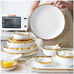 Ensemble de vaisselle en céramique blanche avec bordure dorée nordique, ensemble de vaisselle en porcelaine de luxe pour la maison, l'hôtel, le restaurant - Product Image 5