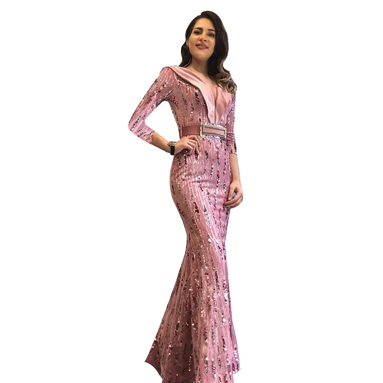 CY8705 New arrival Formal Party Club Women's Wear Dress Long Sleeves Sequined Fashion Beaded maxi Evening Dress