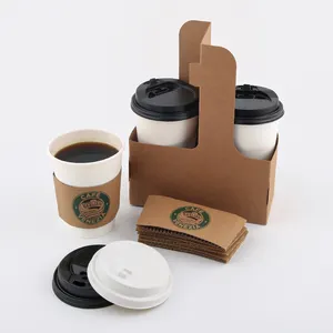 Tasses à café jetables en papier, logo personnalisé, biodégradable, simple paroi, double paroi, marron, 12 oz avec support, vente en gros