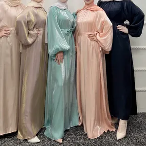 F050 # Nouveau Vetements islamiques Robe musulmane Abaya a manches bouffantes de couleur unie Robe décontractée pour filles