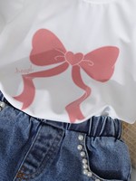 Nouvelle Collection : Ensemble Décontracté Deux Pièces pour Filles – Haut Tricoté Imprimé et Jean Brodé Perlé avec Motifs Nœuds