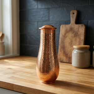 Premium Full Hammered Pure Copper Bedside Carafe Jar 1500ml Handcrafted Dimpled Copper <b>Pot</b> Luxury Wellness Metal Drinkware <b>Set</b> - Product Image 1