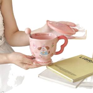 Mug en céramique mignon à motif de dessin animé avec couvercle et cuillère, tasse individuelle pour café, lait, petit-déjeuner, usage domestique, cadeau pour couples, Printemps 2025 - Product Image 2
