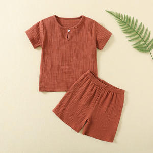 Ensemble Bébé INS Été Fin <span class=keywords><strong>Double</strong></span> Couche Couleur Unie Coton <span class=keywords><strong>Gaze</strong></span> Vêtements Enfant Deux Pièces Tenue d'Intérieur Climatisation - Product Image 3