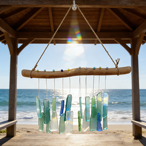 Drop-shipping Handmade <b>Sandblasted</b> Bohemian Modern Minimalist Sea Glass and Driftwood Wind Chime For Outside Garden Decor - Product Image 4