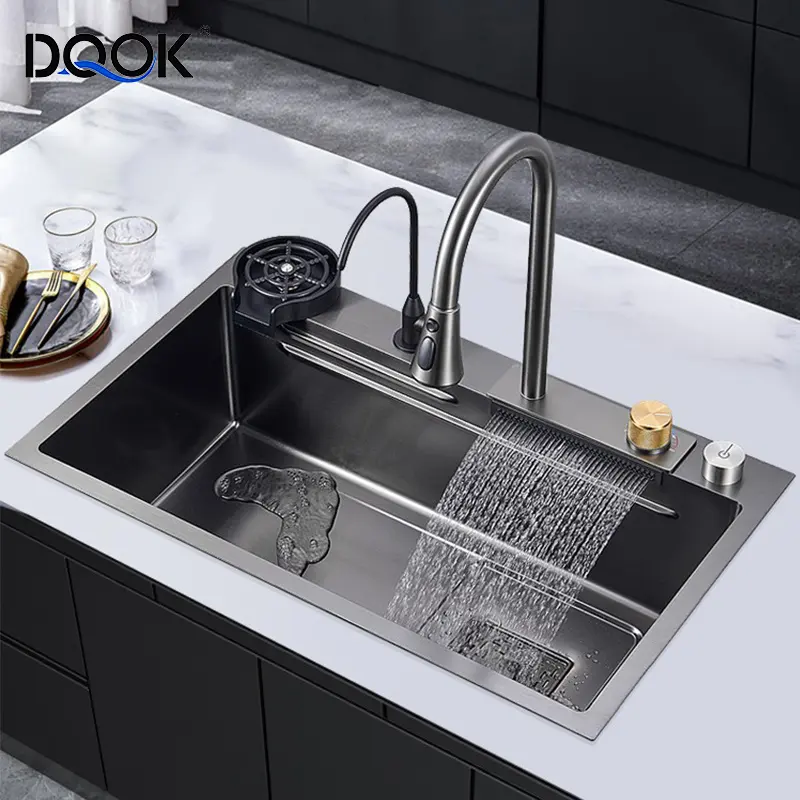 Waterfall Kitchen Sink with Whole Set Accessories SUS304 Stainless Steel Sinks Multi Function Single Big Bowl