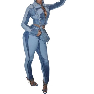 Ensemble 2 pièces décontracté pour femme : haut et pantalon en jean délavé, patchwork color-block, ultra-extensible et sexy - Product Image 5