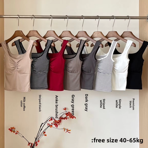 #1052 di fabbrica Custom pieghettato ampio cinturino Design alto elastico raccolto Top di alta qualità in cotone canotta per le donne costruito in reggiseno - Product Image 5