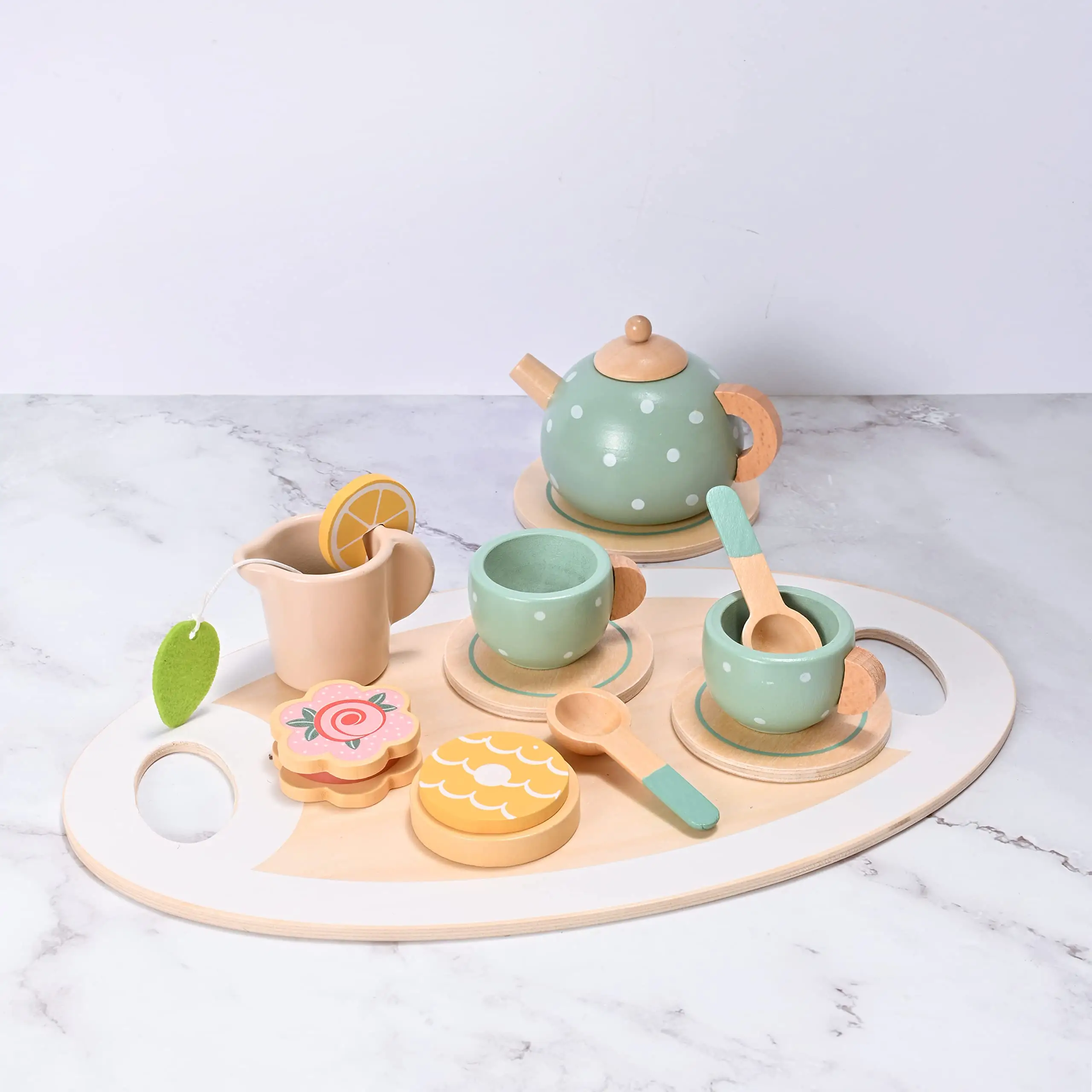 2023 New items children simulated tea party toy wooden afternoon tea dessert set toy for kids play house pastry toy wood tea set