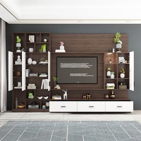 Meuble TV mural moderne en bois avec étagères vitrées et tiroirs, console multimédia anthracite, mobilier de salon sur mesure pour écoles et hôpitaux
