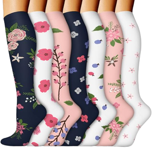 Nouvelles chaussettes de compression florales fantaisie et mignonnes pour l'hiver 2026, avec logo sur le revers, soutien gradué, favorisant la circulation, hauteur genou, séchage rapide - Product Image 1