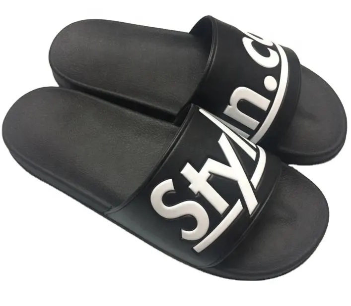 wholesale customized embossed Low MOQ Customized Unisex Slide slippers Sandals PU Strap Black Slides Sliders Sandals