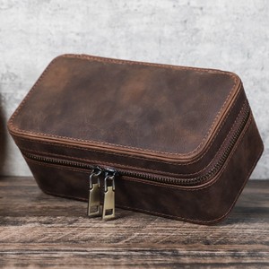 Boîte de rangement pour montres et bijoux en cuir Crazy Horse vintage, 3 emplacements, fermeture éclair anti-choc, rectangulaire, portable, boîte cadeau de voyage pour montres - Product Image 4