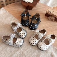 Chaussures Princesse à Nœud Papillon à Pois Style Coréen en Cuir Façon French Style pour Filles, Fermeture Velcro, Semelle Extérieure en Caoutchouc Antidérapante, Coupe Basse