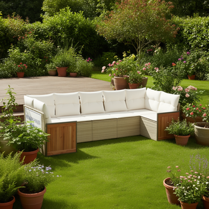 Ensemble de canapés de jardin en rotin beige et teck, 6 places, mobilier d'extérieur au design contemporain - Product Image 2